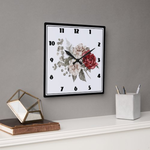 Red Gray  Cream Boho Flower Bouquet Square Wall Clock