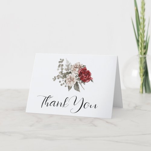 Red Gray  Cream Boho Flower Bouquet Thank You Card