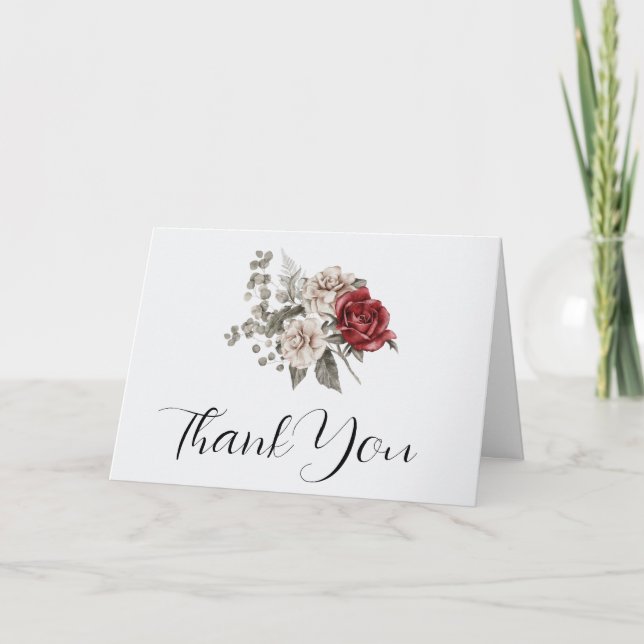 Red Gray & Cream Boho Flower Bouquet Thank You Card (Front)
