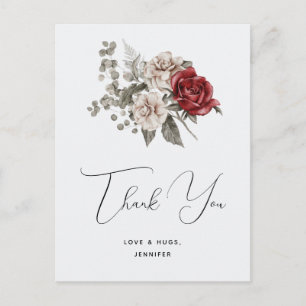 Red Gray & Cream Boho Flower Bouquet Thank You Postcard