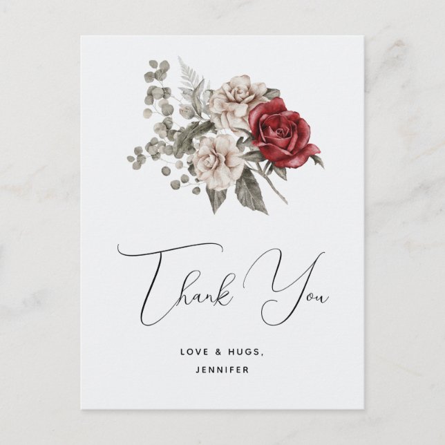 Red Gray & Cream Boho Flower Bouquet Thank You Postcard (Front)