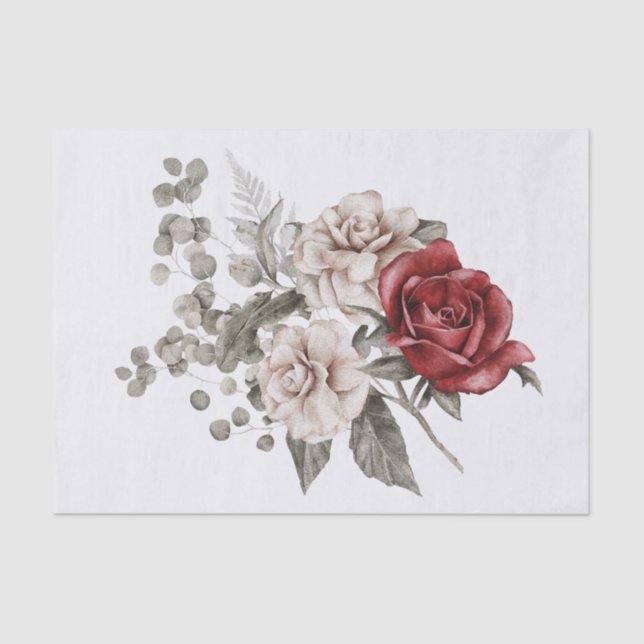 Red Gray & Cream Boho Flower Bouquet Tissue Paper (Front)