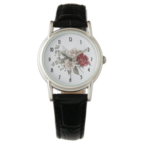 Red Gray  Cream Boho Flower Bouquet Watch