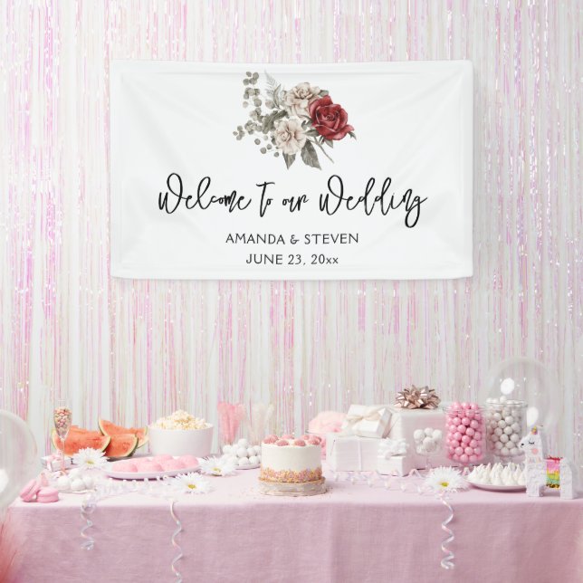 Red Gray & Cream Boho Flower Bouquet Wedding Banner (Party)