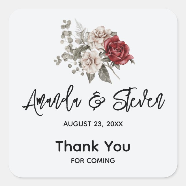 Red Gray & Cream Boho Flower Bouquet Wedding Square Sticker (Front)