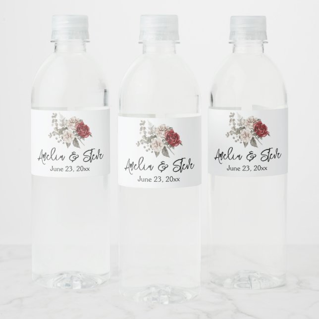 Red Gray & Cream Boho Flower Bouquet Wedding Water Bottle Label (Bottles)