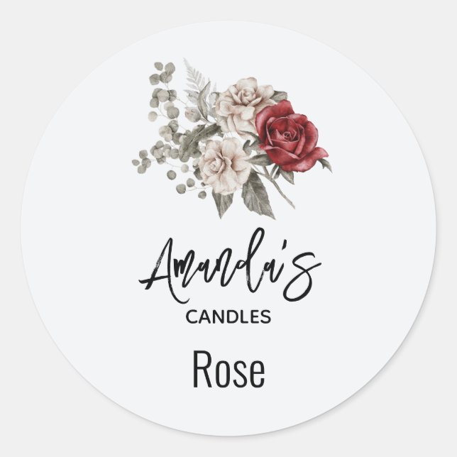  Red Gray & Cream Boho Flowers Candle Biz Classic Round Sticker (Front)