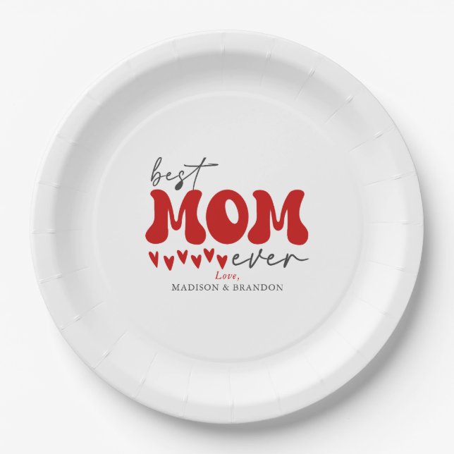 Red Gray Cute Best Mom Ever Paper Plates (Front)