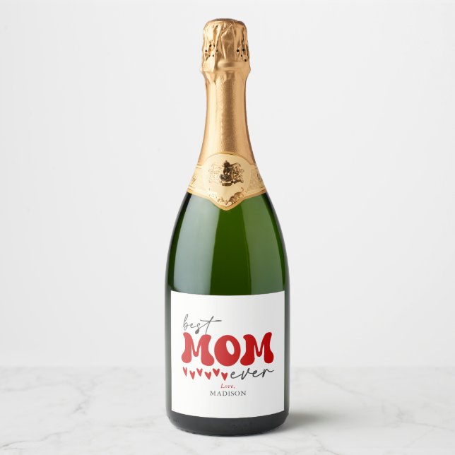 Red Gray Cute Best Mom Ever Sparkling Wine Label (Front)