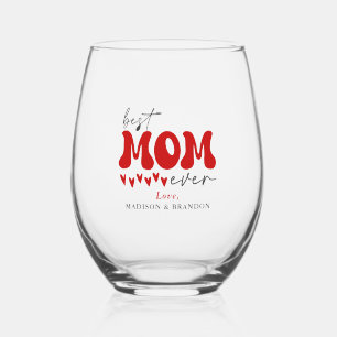 Red Gray Cute Best Mom Ever Stemless Wine Glass