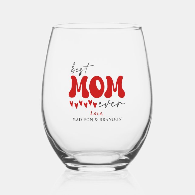 Red Gray Cute Best Mom Ever Stemless Wine Glass (Front)