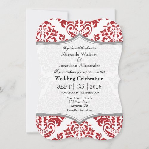 Red Gray Damask Bracket Wedding Invite