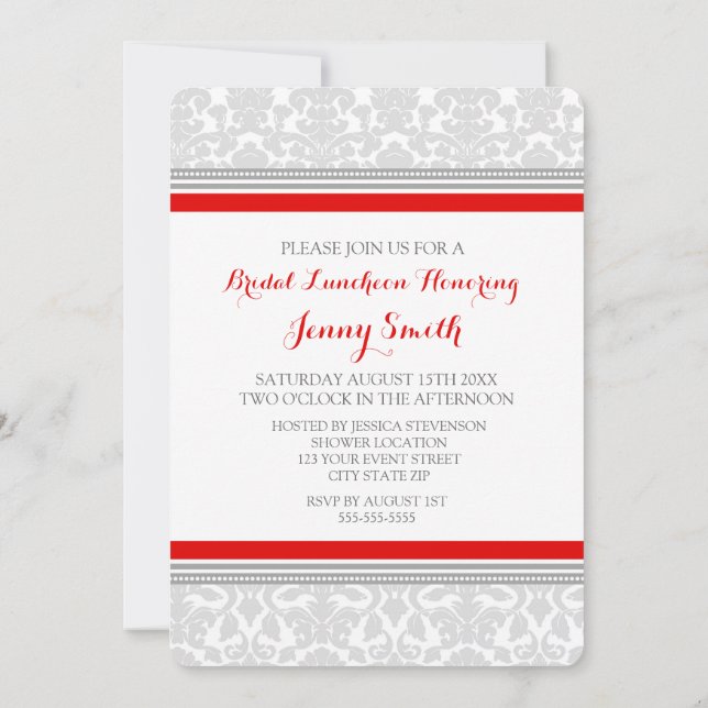 Red Gray Damask Bridal Lunch Invitation Cards (Back)