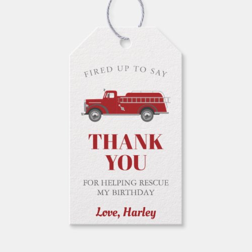 Red Gray Fire Truck Birthday Thank You Favor Tags