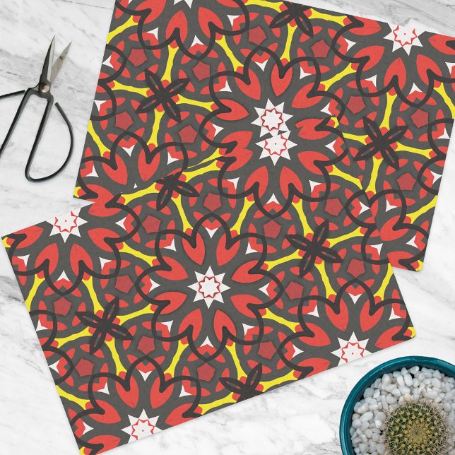Red Gray Floral Folk Art Ethnic Geometric Pattern Tissue Paper (Creator Uploaded)