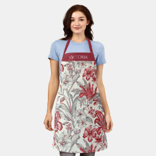 Red & Gray Floral Toile Shabby Chic Personalized Apron