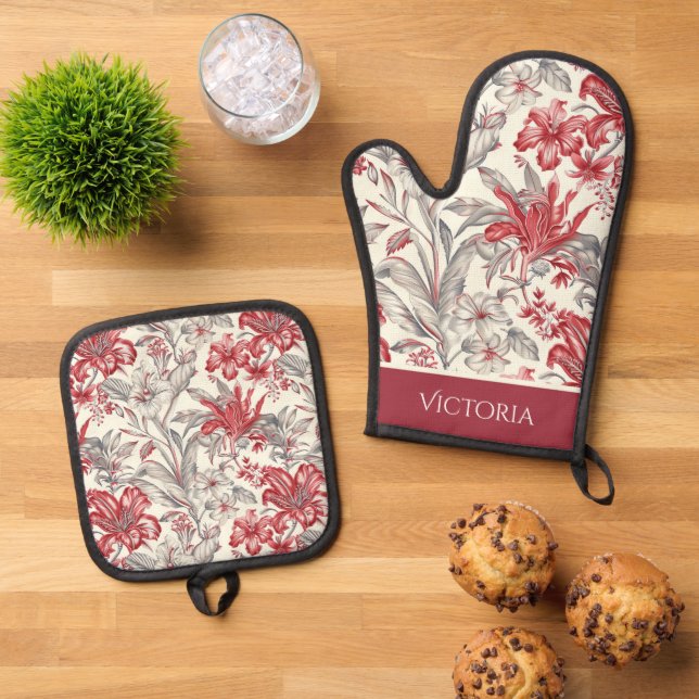 Red & Gray Floral Toile Shabby Chic Personalized Oven Mitt & Pot Holder Set (Top Down)