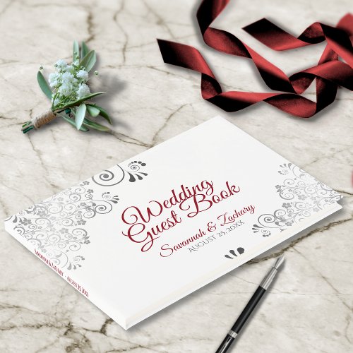 Red  Gray Frilly Filigree Elegant Wedding Guest Book