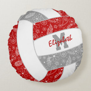 red gray girls boho feathers pattern volleyball round pillow