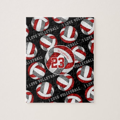red gray girls I love volleyball personalized Jigsaw Puzzle