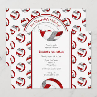red gray girls' volleyball birthday party invitation
