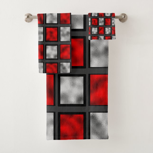 Red Gray Glass Tiles Bath Towel Set (Insitu)
