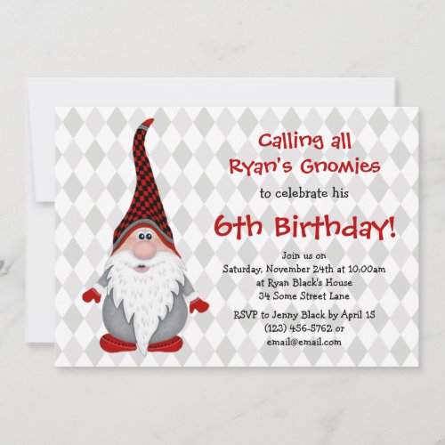 Red Gray Gnome Kids Birthday Party Invitation