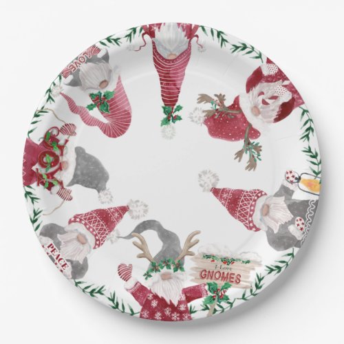 Red Gray Gnomes Christmas Party Decor Watercolor Paper Plates