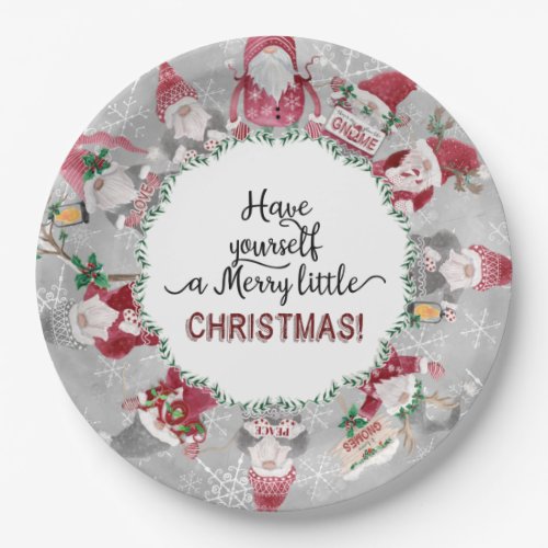 Red Gray Gnomes Christmas Snowflakes Leaf Foliage Paper Plates