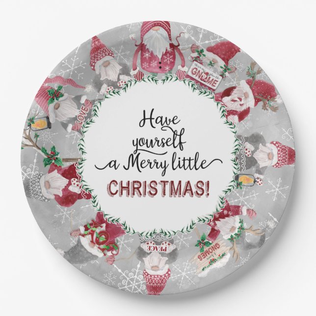 Red Gray Gnomes Christmas Snowflakes Leaf Foliage Paper Plates (Front)
