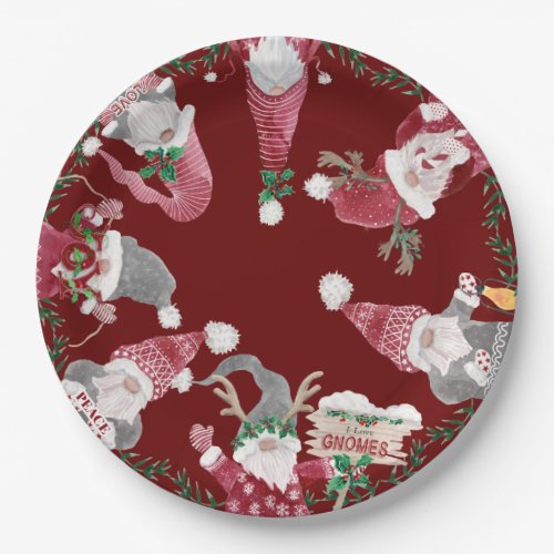 Red Gray Gnomes Christmas Watercolor Leaf Foliage Paper Plates