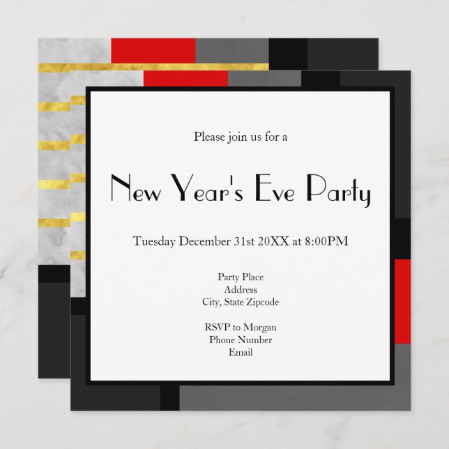 Red Gray Gold Black Color Block Invitation (Front/Back)