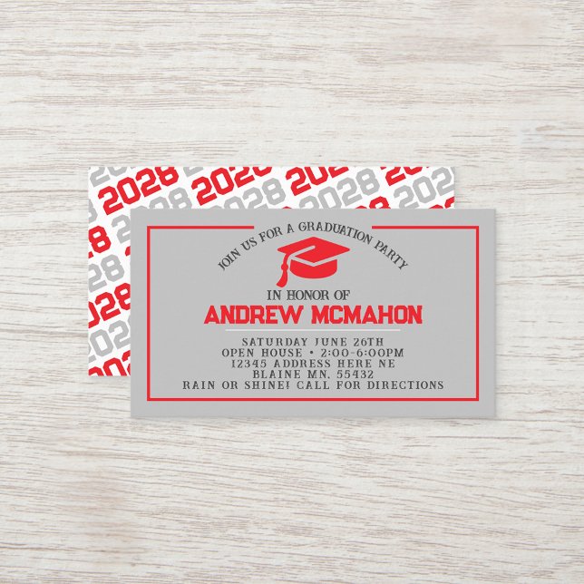 Red & Gray Graduation Mini Graduation Invites (Red and Silver Grey Grad Cap Mini Graduation Invites for Friends, Team Mates or as Inserts!)