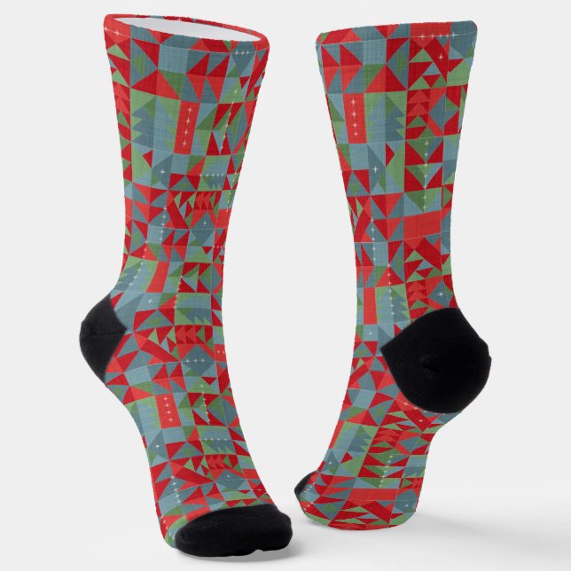 Red, gray, green geometric pattern. socks (Angled)