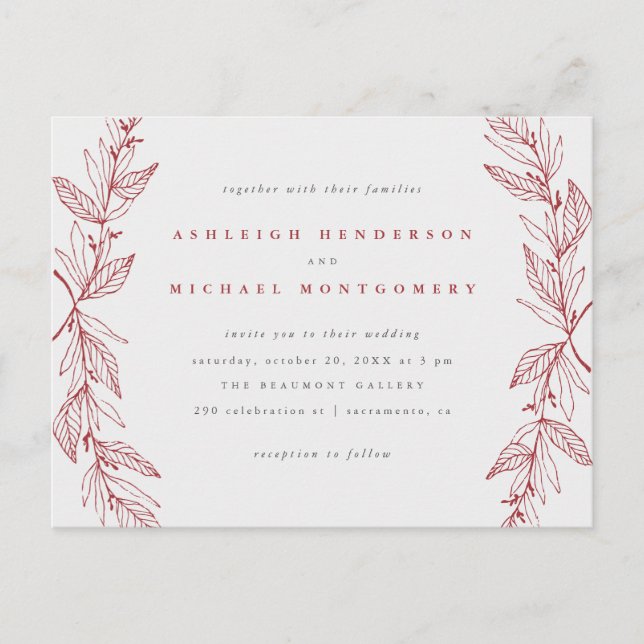 Red & Gray Hand-drawn Botanical Wreath Wedding Invitation Postcard (Front)
