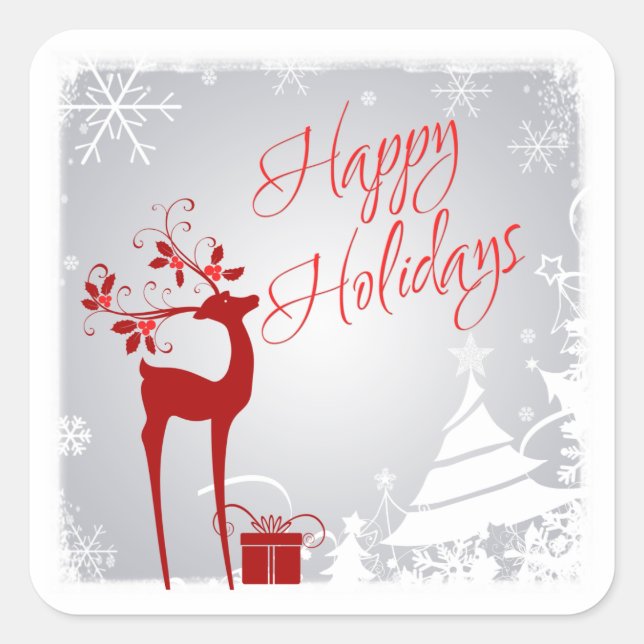 Red Gray Happy Holidays Deer, Snowflakes Sticker (Front)