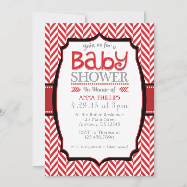 Red Gray Herringbone Baby Shower Invitations (Front)