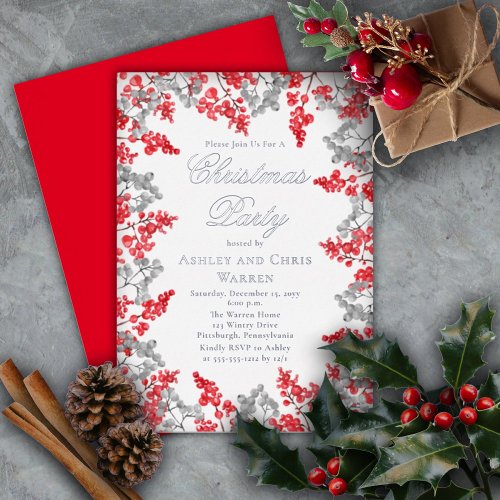 Red  Gray Holly Berries Floral Christmas Party Foil Invitation