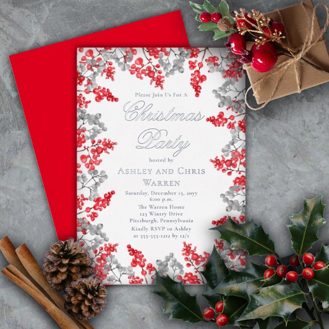 Red | Gray Holly Berries Floral Christmas Party Foil Invitation (Creator Uploaded)
