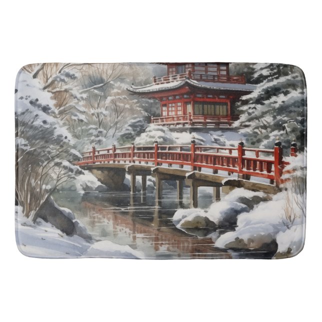 Red Gray Japanese Pagoda Soribashi Winter Bath Mat (Front)