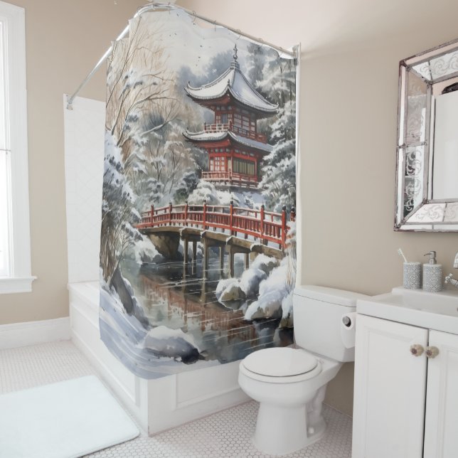 Red Gray Japanese Pagoda Soribashi Winter Shower Curtain (In Situ)