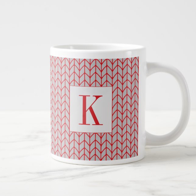 RED GRAY KNIT Big White Mug + Initial (Right)