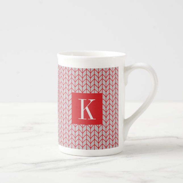 RED GRAY KNIT Bone China Mug + Initial II (Right)