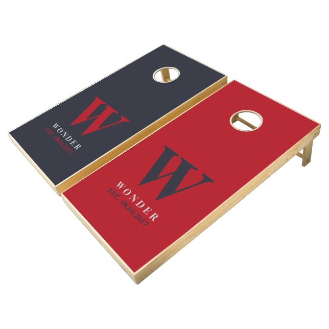 Red Gray Lake Wedding Newly Wed Monogram Cornhole Set (Angled)