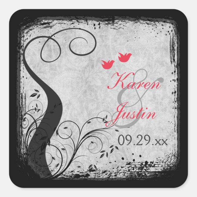 Red, Gray Lovebirds, Birdcage Wedding Sticker (Front)