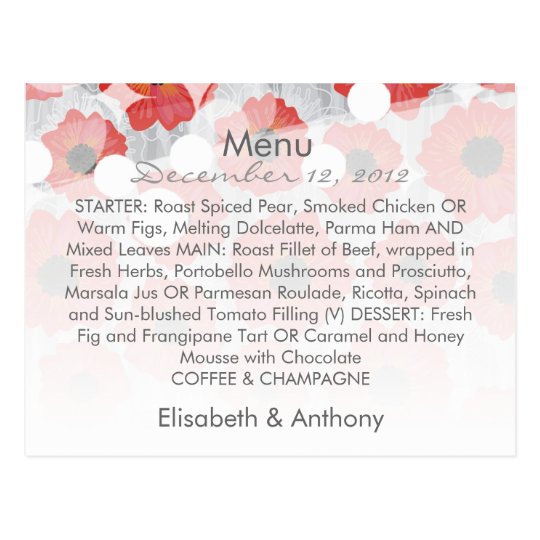 red & gray lovely floral wedding menu postcard