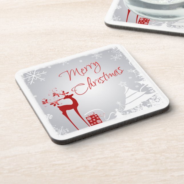Red, Gray Merry Christmas Coaster Set (6) (Left Side)