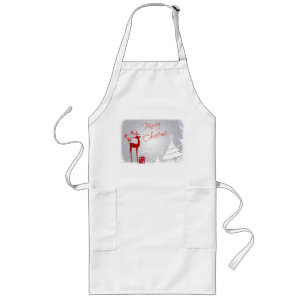 Red Gray Merry Christmas Deer, Snowflakes Apron