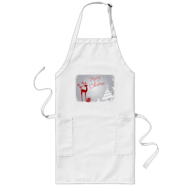 Red Gray Merry Christmas Deer, Snowflakes Apron (Front)