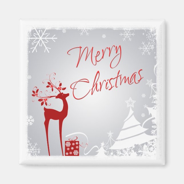Red Gray Merry Christmas Deer, Snowflakes Magnet (Front)